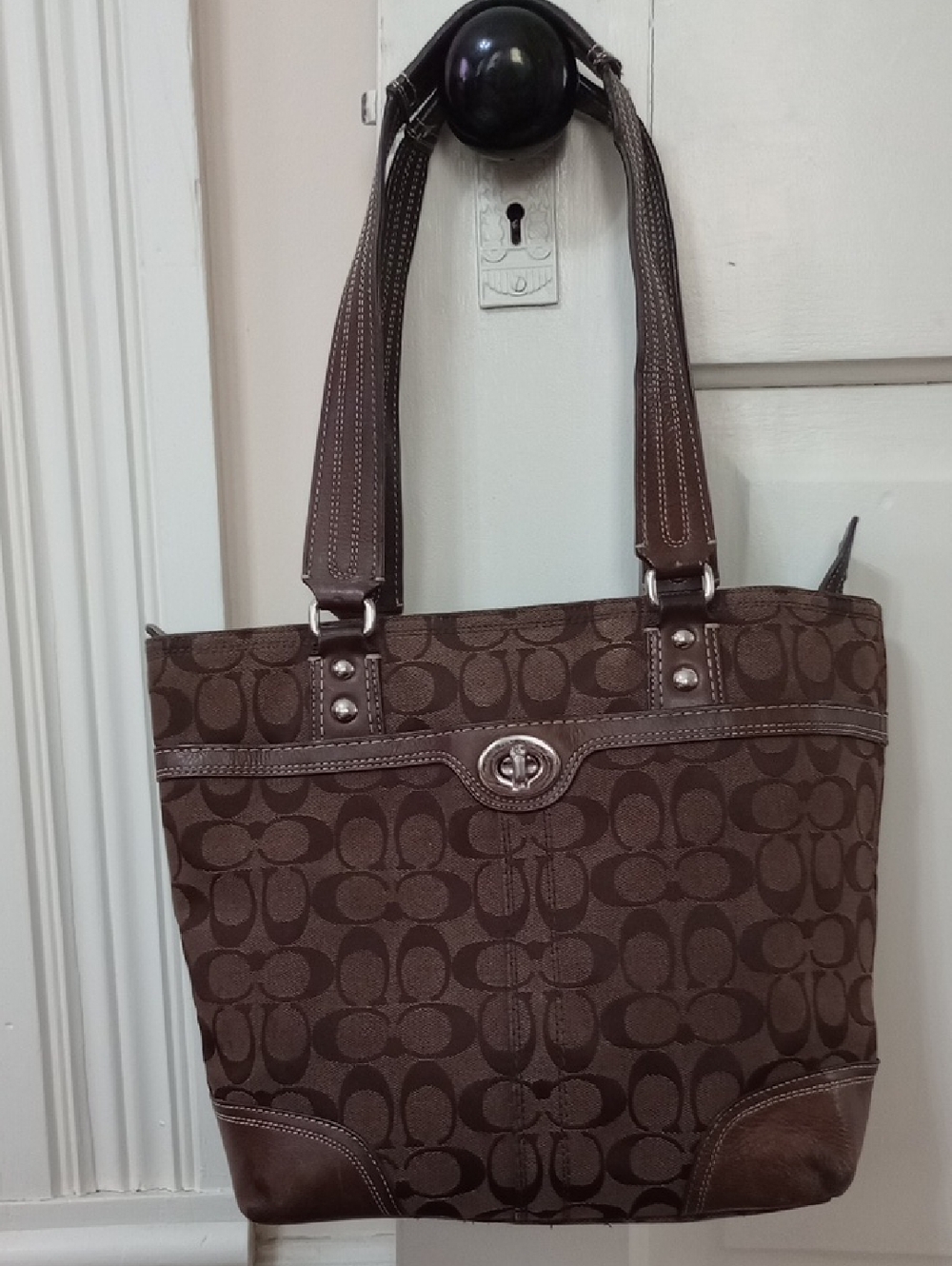 COACH Brown Leather Trim  Signature Shoulder Tote